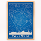 Mappa minimalista di Valencia dell'artista Minimalista Poster presenta una mappa minimalista dettagliata di Valencia in bianco e blu con lo skyline della città, intitolata Mappa minimalista di Valencia dall'artista.