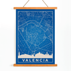 Mappa minimalista di Valencia dell'artista Minimalista Poster presenta una mappa minimalista dettagliata di Valencia in bianco e blu con lo skyline della città, intitolata Mappa minimalista di Valencia dall'artista.