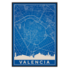 Mappa minimalista di Valencia dell'artista Minimalista Poster presenta una mappa minimalista dettagliata di Valencia in bianco e blu con lo skyline della città, intitolata Mappa minimalista di Valencia dall'artista.