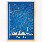 Pariser Stadtplan-Kunstwerk von Minimalist Paris Map Poster zeigt eine detaillierte blau-weiße Karte von Paris mit markanten Sehenswürdigkeiten und dem Eiffelturm mit dem Titel „Minimalistische Karte von Paris“.