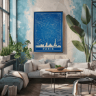 Pariser Stadtplan-Kunstwerk von Minimalist Paris Map Poster zeigt eine detaillierte blau-weiße Karte von Paris mit markanten Sehenswürdigkeiten und dem Eiffelturm mit dem Titel „Minimalistische Karte von Paris“.