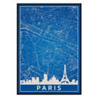 Pariser Stadtplan-Kunstwerk von Minimalist Paris Map Poster zeigt eine detaillierte blau-weiße Karte von Paris mit markanten Sehenswürdigkeiten und dem Eiffelturm mit dem Titel „Minimalistische Karte von Paris“.