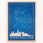 Art print featuring a minimalist map of Montpellier by Minimalist Montpellier Map. Poster featuring a detailed blue and white map of Montpellier with city landmarks and the title Minimalist Montpellier Map
