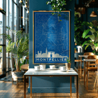 Art print featuring a minimalist map of Montpellier by Minimalist Montpellier Map. Poster featuring a detailed blue and white map of Montpellier with city landmarks and the title Minimalist Montpellier Map