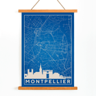 Art print featuring a minimalist map of Montpellier by Minimalist Montpellier Map. Poster featuring a detailed blue and white map of Montpellier with city landmarks and the title Minimalist Montpellier Map