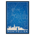 Art print featuring a minimalist map of Montpellier by Minimalist Montpellier Map. Poster featuring a detailed blue and white map of Montpellier with city landmarks and the title Minimalist Montpellier Map