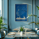 New York Minimalist Map by artist New York Poster titled New York Minimalist Map featuring a blue and white outline of New York City streets above a city skyline silhouette