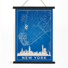 New York Minimalist Map by artist New York Poster titled New York Minimalist Map featuring a blue and white outline of New York City streets above a city skyline silhouette
