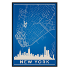 New York Minimalist Map by artist New York Poster titled New York Minimalist Map featuring a blue and white outline of New York City streets above a city skyline silhouette