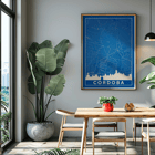 Cordoba Minimalist Map artwork by artist featuring a blue grid design and city skyline Poster featuring the Cordoba Minimalist Map with a blue and white color scheme depicting the city's grid layout and skyline silhouette.