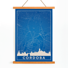 Cordoba Minimalist Map artwork by artist featuring a blue grid design and city skyline Poster featuring the Cordoba Minimalist Map with a blue and white color scheme depicting the city's grid layout and skyline silhouette.