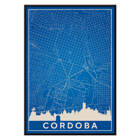 Cordoba Minimalist Map artwork by artist featuring a blue grid design and city skyline Poster featuring the Cordoba Minimalist Map with a blue and white color scheme depicting the city's grid layout and skyline silhouette.