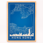 Hong Kong Minimalist Map by Artist Name Wall Art Urban Blueprint Poster of a blue minimalist map of Hong Kong featuring the city's skyline and street layout with title Hong Kong Minimalist Map.