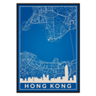 Hong Kong Minimalist Map by Artist Name Wall Art Urban Blueprint Poster of a blue minimalist map of Hong Kong featuring the city's skyline and street layout with title Hong Kong Minimalist Map.