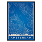 Opera d'arte minimalista di Amsterdam, raffigurante una planimetria dettagliata della città in blu e bianco. Manifesto artistico con mappa minimalista di Amsterdam, raffigurante una mappa blu e bianca di Amsterdam con strade cittadine e corsi d'acqua dettagliati.