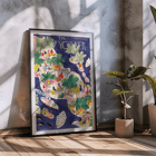 Illustration d'une scène d'île tropicale colorée par Roger Duvoisin pour The New Yorker Poster représentant une scène tropicale vibrante avec des gens, des huttes, des bateaux et des palmiers dans un style aquarelle par Roger Duvoisin intitulé The New Yorker