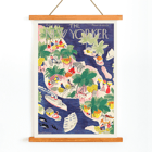 Illustration d'une scène d'île tropicale colorée par Roger Duvoisin pour The New Yorker Poster représentant une scène tropicale vibrante avec des gens, des huttes, des bateaux et des palmiers dans un style aquarelle par Roger Duvoisin intitulé The New Yorker