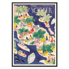 Illustration d'une scène d'île tropicale colorée par Roger Duvoisin pour The New Yorker Poster représentant une scène tropicale vibrante avec des gens, des huttes, des bateaux et des palmiers dans un style aquarelle par Roger Duvoisin intitulé The New Yorker