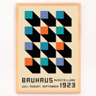 Bauhaus Poster 2 Inspired by the Weimar Exhibition with geometric patterns and bold colors by Joost Schmidt Bauhaus Poster inspired by the Weimar Exhibition featuring geometric patterns in black, blue, orange, and teal squares.