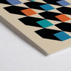 Bauhaus Poster 2 Inspired by the Weimar Exhibition with geometric patterns and bold colors by Joost Schmidt Bauhaus Poster inspired by the Weimar Exhibition featuring geometric patterns in black, blue, orange, and teal squares.
