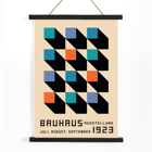 Bauhaus Poster 2 Inspired by the Weimar Exhibition with geometric patterns and bold colors by Joost Schmidt Bauhaus Poster inspired by the Weimar Exhibition featuring geometric patterns in black, blue, orange, and teal squares.