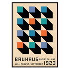 Bauhaus Poster 2 Inspired by the Weimar Exhibition with geometric patterns and bold colors by Joost Schmidt Bauhaus Poster inspired by the Weimar Exhibition featuring geometric patterns in black, blue, orange, and teal squares.