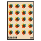 Bauhaus Poster 8 Inspired by the Weimar Exhibition featuring colorful overlapping circles in a grid pattern Bauhaus Poster 8 Inspired by the Weimar Exhibition features abstract colorful overlapping circles in a geometric pattern.