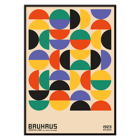 Colorful geometric shapes in Bauhaus Poster 11 inspired by the Weimar Exhibition. Bauhaus Poster 11 features colorful geometric shapes in a grid pattern inspired by the Weimar Exhibition artwork.