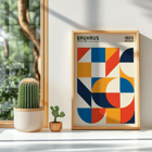 Bauhaus Poster 19 avec des formes géométriques et des couleurs vives. Affiche Bauhaus géométrique colorée avec des carrés et des cercles intitulée Bauhaus Poster 19.