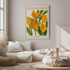 Yellow flowers illustrated in Flower Market Lisbon by Moryarty Poster featuring yellow-orange flowers with green leaves titled Flower Market Lisbon by Moryarty