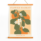 Illustration of flowers and green leaves on an orange background Flower Market Valencia by Moryarty Poster of Flower Market Valencia by Moryarty featuring green leaves and white flowers with orange background elements.