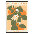 Illustration of flowers and green leaves on an orange background Flower Market Valencia by Moryarty Poster of Flower Market Valencia by Moryarty featuring green leaves and white flowers with orange background elements.