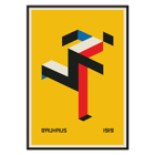 Geometric abstract design by Bauhaus 20 artist. Poster featuring geometric abstract art on yellow background titled "Bauhaus" by the artist 20.