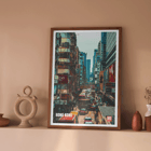 Bustling city street in Kowloon Hong Kong by Mo Art Gallery. Poster of a bustling Kowloon street scene in Hong Kong by Mo Art Gallery.
