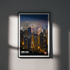 Hong Kong skyline at night captured in Hong Kong Nightview by Mo Art Gallery Poster titled Hong Kong Nightview by Mo Art Gallery showcasing a vibrant city skyline at night with illuminated skyscrapers.