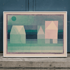 Maisons géométriques abstraites aux couleurs pastel douces, œuvre d'art de Paul Klee intitulée Trois Maisons Poster d'une œuvre d'art abstraite intitulée Trois Maisons de Paul Klee présentant des formes de maisons géométriques aux couleurs vertes et pastel