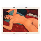 Nu couché by Amedeo Modigliani features a reclining nude woman on a red background Poster of Nu couché by Amedeo Modigliani depicting a reclining nude figure on a colorful background.