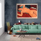 Nu couché by Amedeo Modigliani features a reclining nude woman on a red background Poster of Nu couché by Amedeo Modigliani depicting a reclining nude figure on a colorful background.