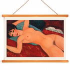 Nu couché by Amedeo Modigliani features a reclining nude woman on a red background Poster of Nu couché by Amedeo Modigliani depicting a reclining nude figure on a colorful background.