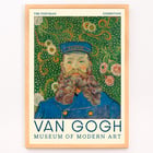 Van Gogh painting Portrait of Joseph Roulin at Museum of Modern Art exhibition Poster of Portrait of Joseph Roulin by Vincent van Gogh featuring a bearded man in a blue postman's uniform with floral background