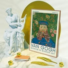 Van Gogh painting Portrait of Joseph Roulin at Museum of Modern Art exhibition Poster of Portrait of Joseph Roulin by Vincent van Gogh featuring a bearded man in a blue postman's uniform with floral background
