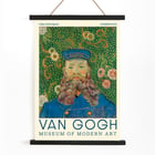 Van Gogh painting Portrait of Joseph Roulin at Museum of Modern Art exhibition Poster of Portrait of Joseph Roulin by Vincent van Gogh featuring a bearded man in a blue postman's uniform with floral background