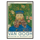 Van Gogh painting Portrait of Joseph Roulin at Museum of Modern Art exhibition Poster of Portrait of Joseph Roulin by Vincent van Gogh featuring a bearded man in a blue postman's uniform with floral background