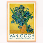 Irises by Vincent van Gogh vibrant bouquet in a vase on a yellow background. Poster of Irises by Vincent van Gogh featuring vibrant blue irises in a rustic vase on a bright yellow background.