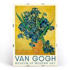 Irises by Vincent van Gogh vibrant bouquet in a vase on a yellow background. Poster of Irises by Vincent van Gogh featuring vibrant blue irises in a rustic vase on a bright yellow background.