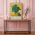 Irises by Vincent van Gogh vibrant bouquet in a vase on a yellow background. Poster of Irises by Vincent van Gogh featuring vibrant blue irises in a rustic vase on a bright yellow background.