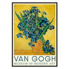Irises by Vincent van Gogh vibrant bouquet in a vase on a yellow background. Poster of Irises by Vincent van Gogh featuring vibrant blue irises in a rustic vase on a bright yellow background.