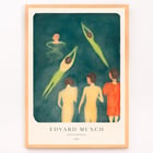 Painting Boys Bathing by Edvard Munch depicting five figures in water. Poster of Edvard Munch's artwork Boys Bathing depicting figures swimming and standing in water.