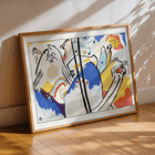 Abstract expressionist artwork Der Blaue Reiter by Wassily Kandinsky featuring vibrant colors and dynamic shapes. Abstract art poster with vibrant colors and geometric shapes titled Der Blaue Reiter by Wassily Kandinsky.
