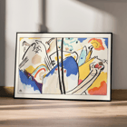 Abstract expressionist artwork Der Blaue Reiter by Wassily Kandinsky featuring vibrant colors and dynamic shapes. Abstract art poster with vibrant colors and geometric shapes titled Der Blaue Reiter by Wassily Kandinsky.